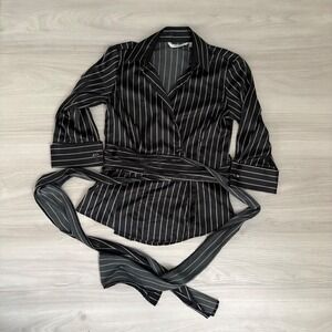 ZARA BASIC Shirt Women Black Pinstripe Wrap Shirt with Belt Kimono Size Medium